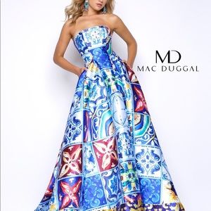 Mac Duggal Italian Island Blue Print Prom Dress
